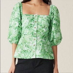 Ganni- Green Roses Short-sleeve Button Down Blouse Top